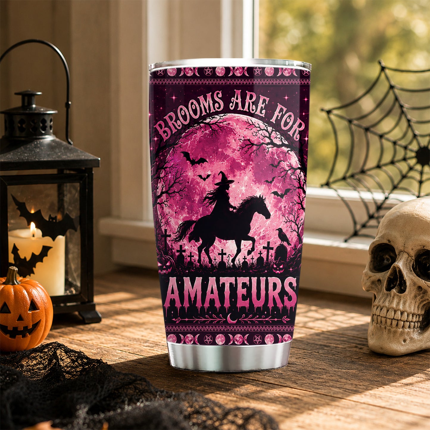 Personalized Halloween Witch Riding Horse Tumbler, Brooms Are For Amateurs, Spooky Season Stainless Steel Tumbler, Travel Mug Tumblers Gift For Horse Lover