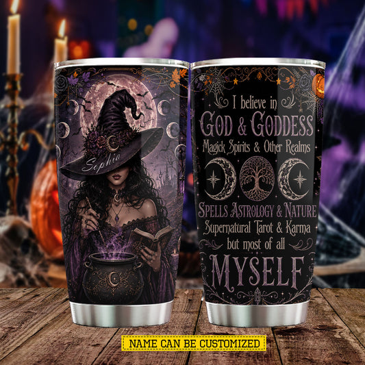 Personalized Halloween Witch Tumbler, I Believe In Magic, Spirits & Myself, Spooky Season Stainless Steel Tumbler, Travel Mug Tumblers Gift For Witch Lover
