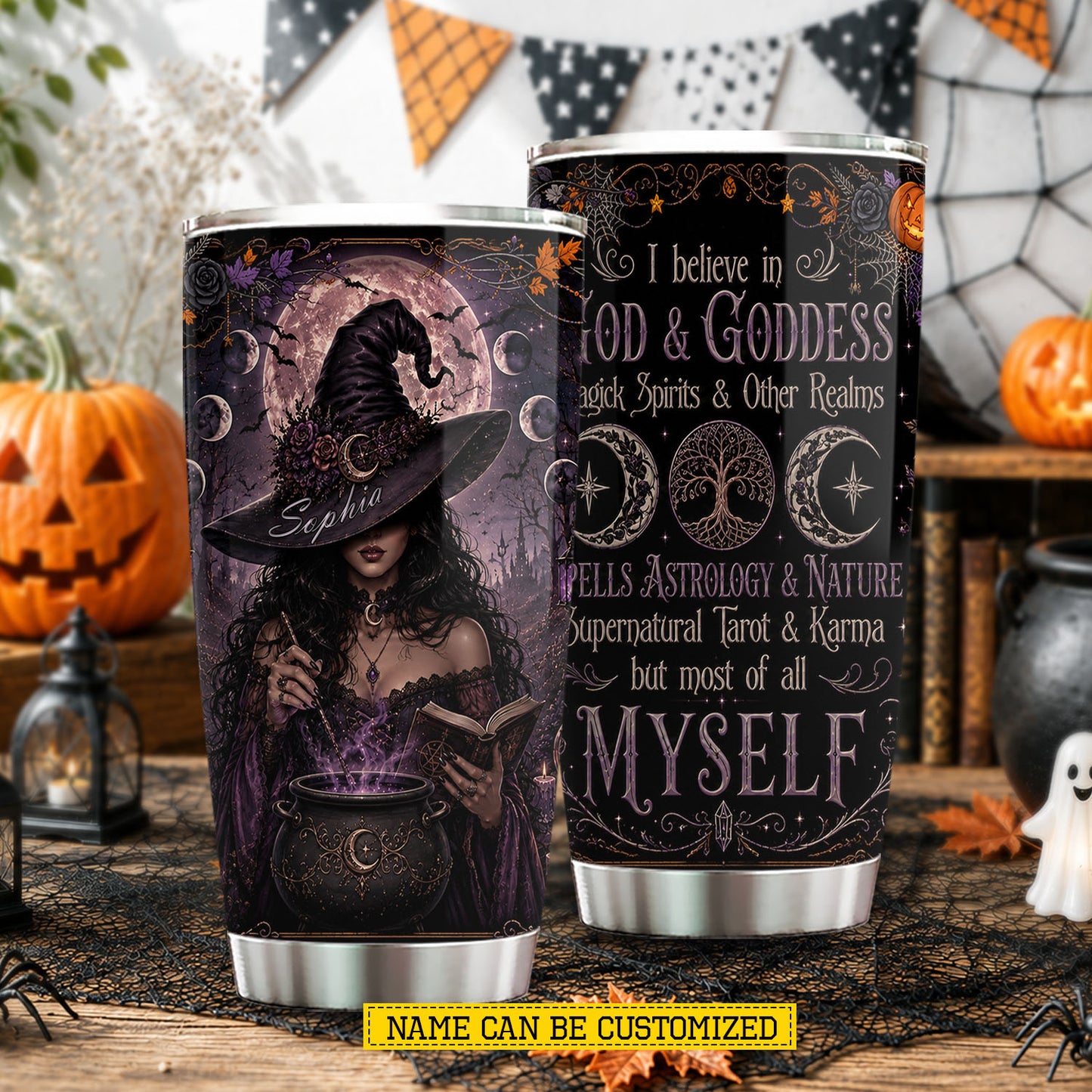 Personalized Halloween Witch Tumbler, I Believe In Magic, Spirits & Myself, Spooky Season Stainless Steel Tumbler, Travel Mug Tumblers Gift For Witch Lover