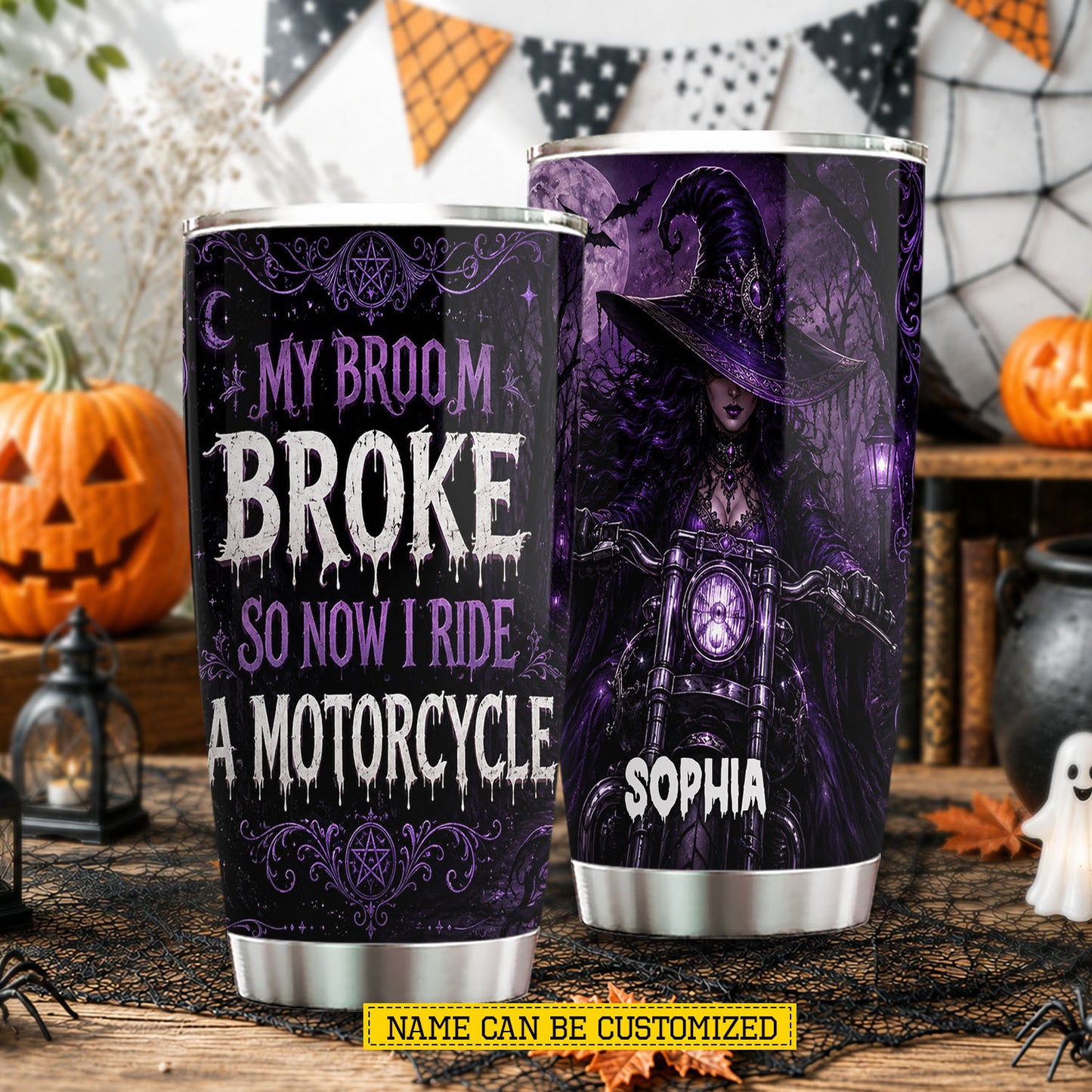 Personalized Halloween Motorcycle Witch Tumbler, My Broom Broke So Now I Ride A Motorcycle, Spooky Season Stainless Steel Tumbler, Travel Mug Tumblers Gift For Bikers