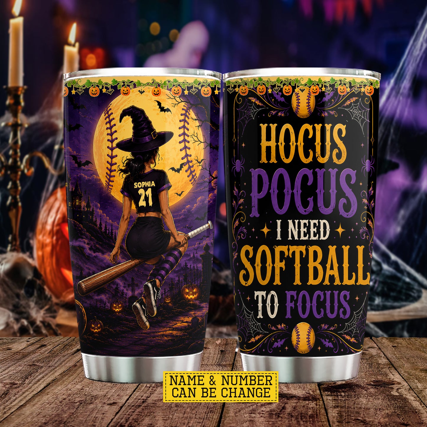 Personalized Halloween Softball Witch Tumbler, Hocus Pocus, Spooky Season Stainless Steel Tumbler, Travel Mug Tumblers Gift For Softball Lover