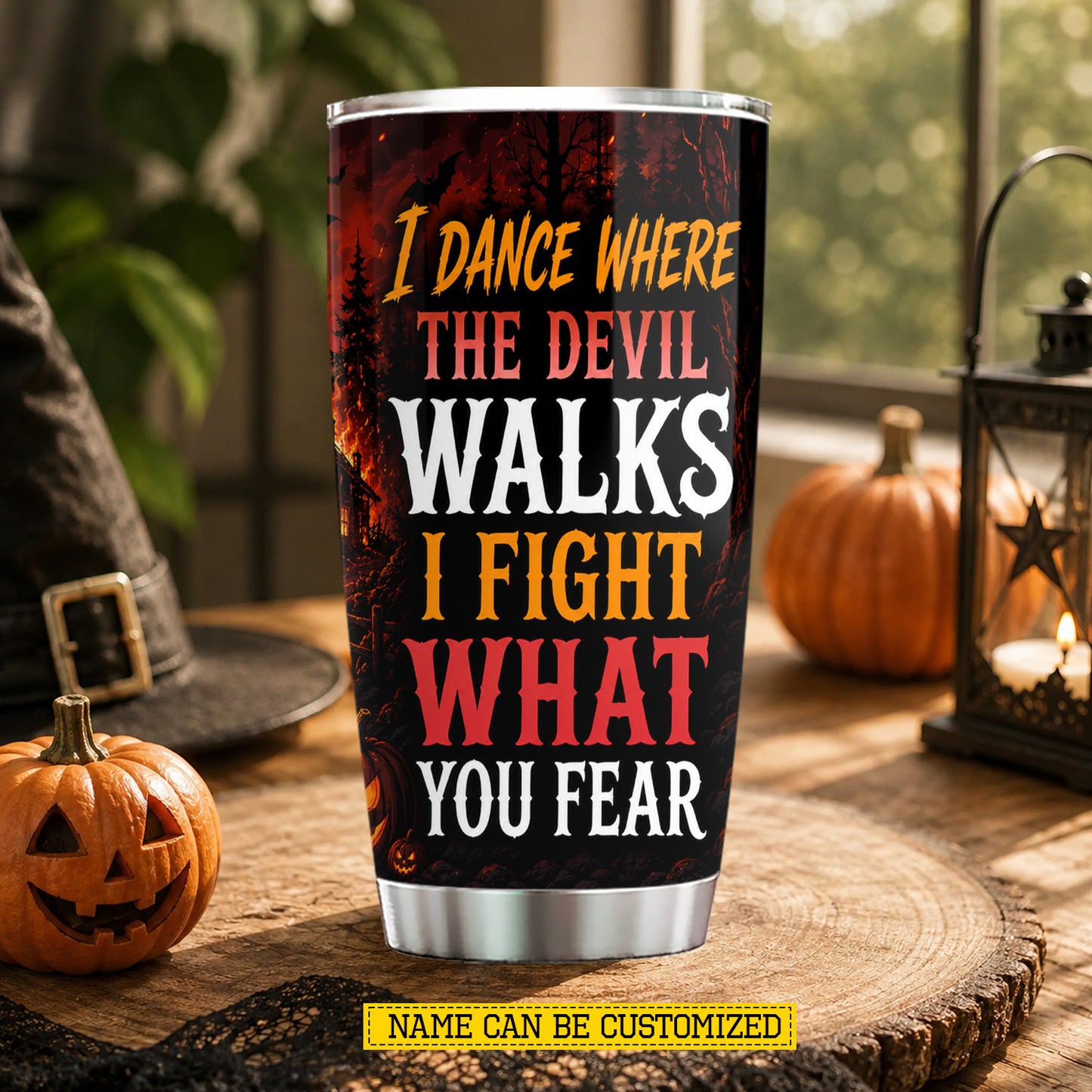 Personalized Halloween Firefighter Skeleton Tumbler, I Dance Where The Devil Walks, Spooky Season Stainless Steel Tumbler, Travel Mug Tumblers Gift For Firefighter Lover