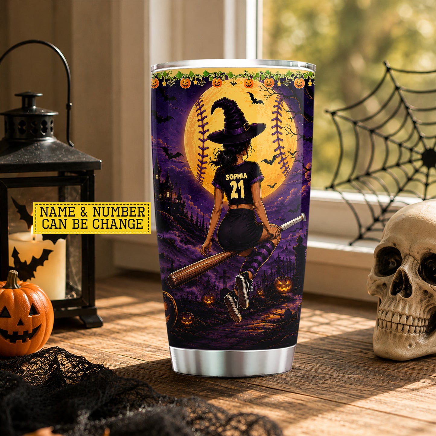 Personalized Halloween Softball Witch Tumbler, Hocus Pocus, Spooky Season Stainless Steel Tumbler, Travel Mug Tumblers Gift For Softball Lover