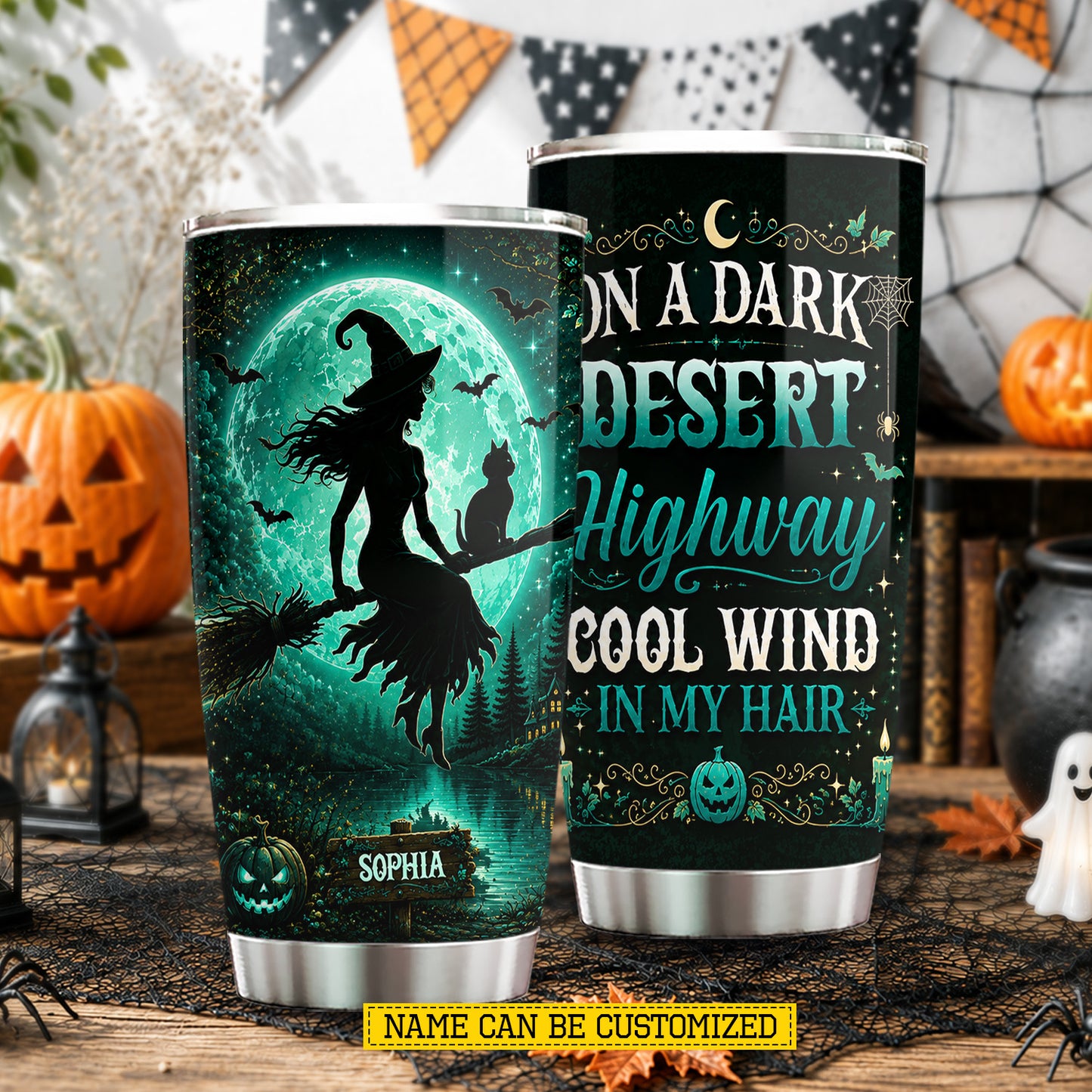 Personalized Halloween Witch Tumbler, On A Dark Desert Highway Stainless Steel Tumbler Spooky Season Gift For Witch Lover