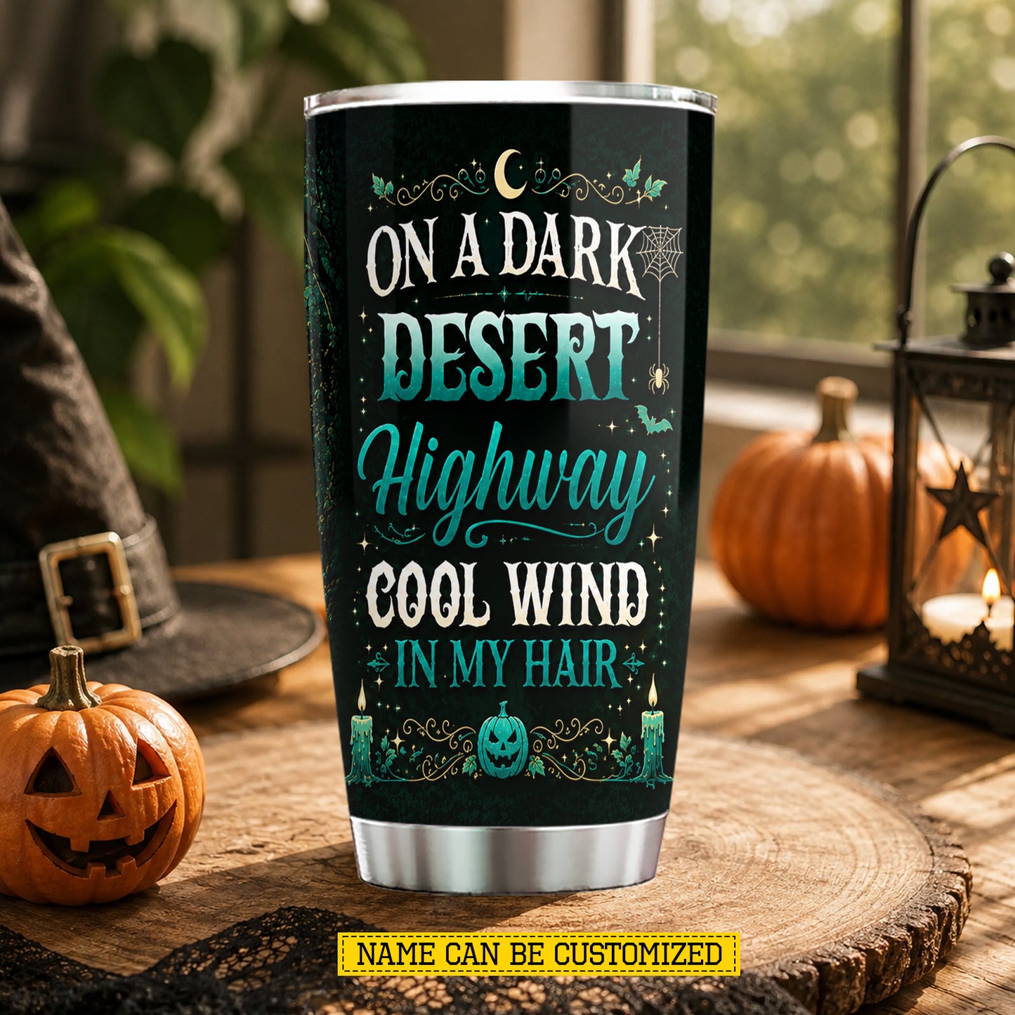 Personalized Halloween Witch Tumbler, On A Dark Desert Highway Stainless Steel Tumbler Spooky Season Gift For Witch Lover