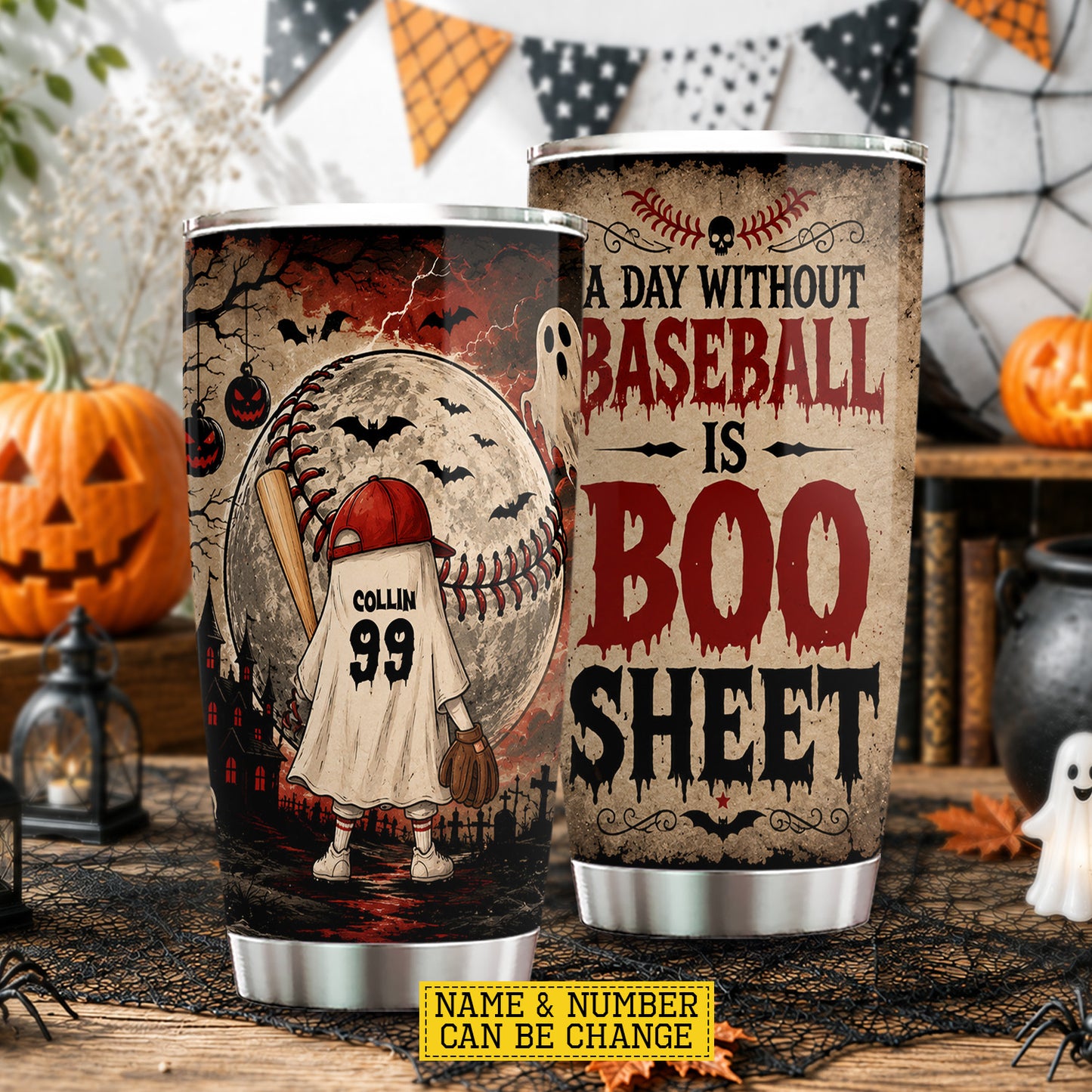 Personalized Halloween Ghost Baseball Tumbler, A Day Without Baseball Is Boo Sheet, Spooky Season Stainless Steel Tumbler, Travel Mug Tumblers Gift For Baseball Lover