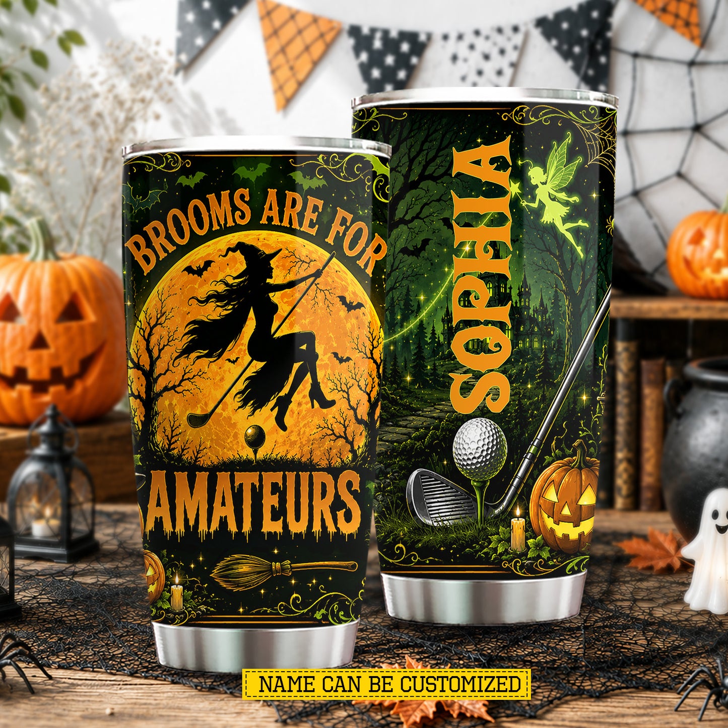 Personalized Halloween Golf Witch Tumbler, Brooms Are For Amateurs, Spooky Season Stainless Steel Tumbler, Travel Mug Tumblers Gift For Golf Lover