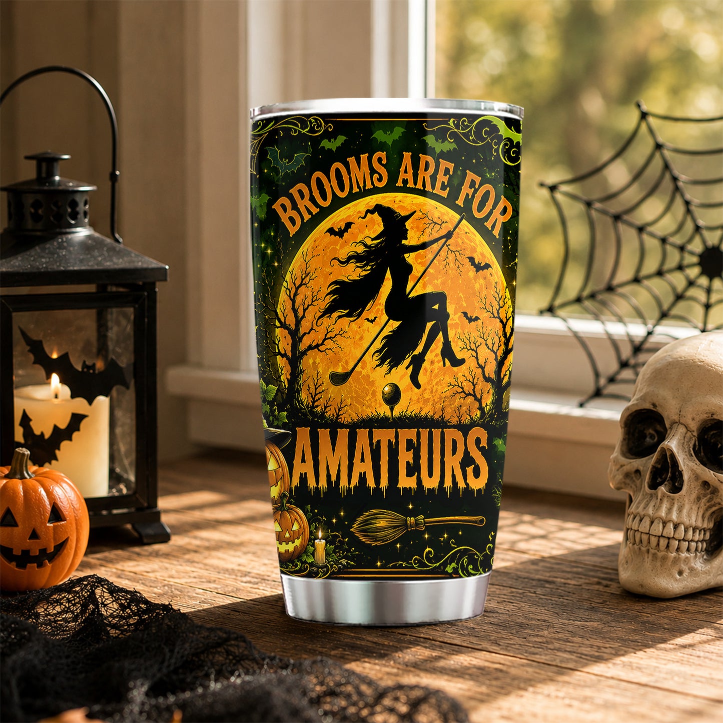 Personalized Halloween Golf Witch Tumbler, Brooms Are For Amateurs, Spooky Season Stainless Steel Tumbler, Travel Mug Tumblers Gift For Golf Lover