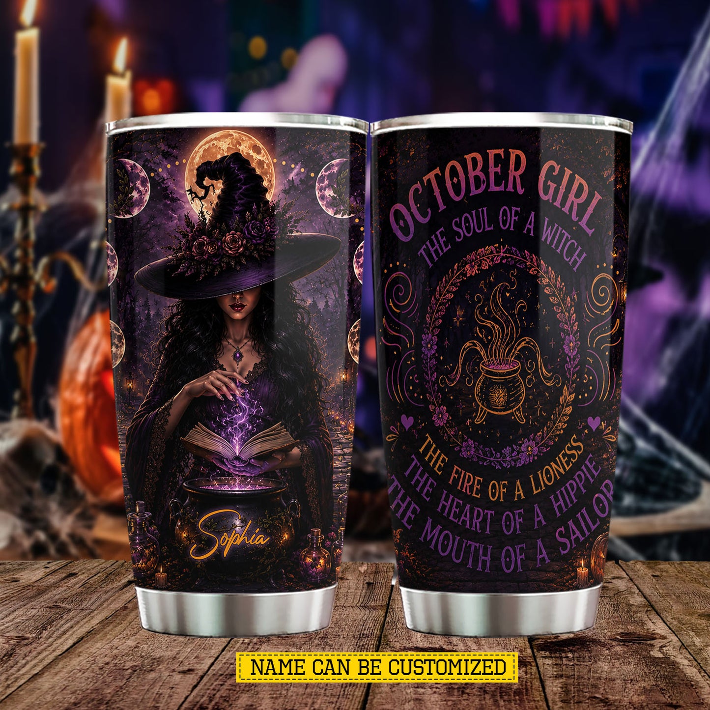 Personalized Halloween Witch Tumbler, October Girl With The Soul Of A Witch, Spooky Season Stainless Steel Tumbler, Travel Mug Tumblers Gift For Witch Lover