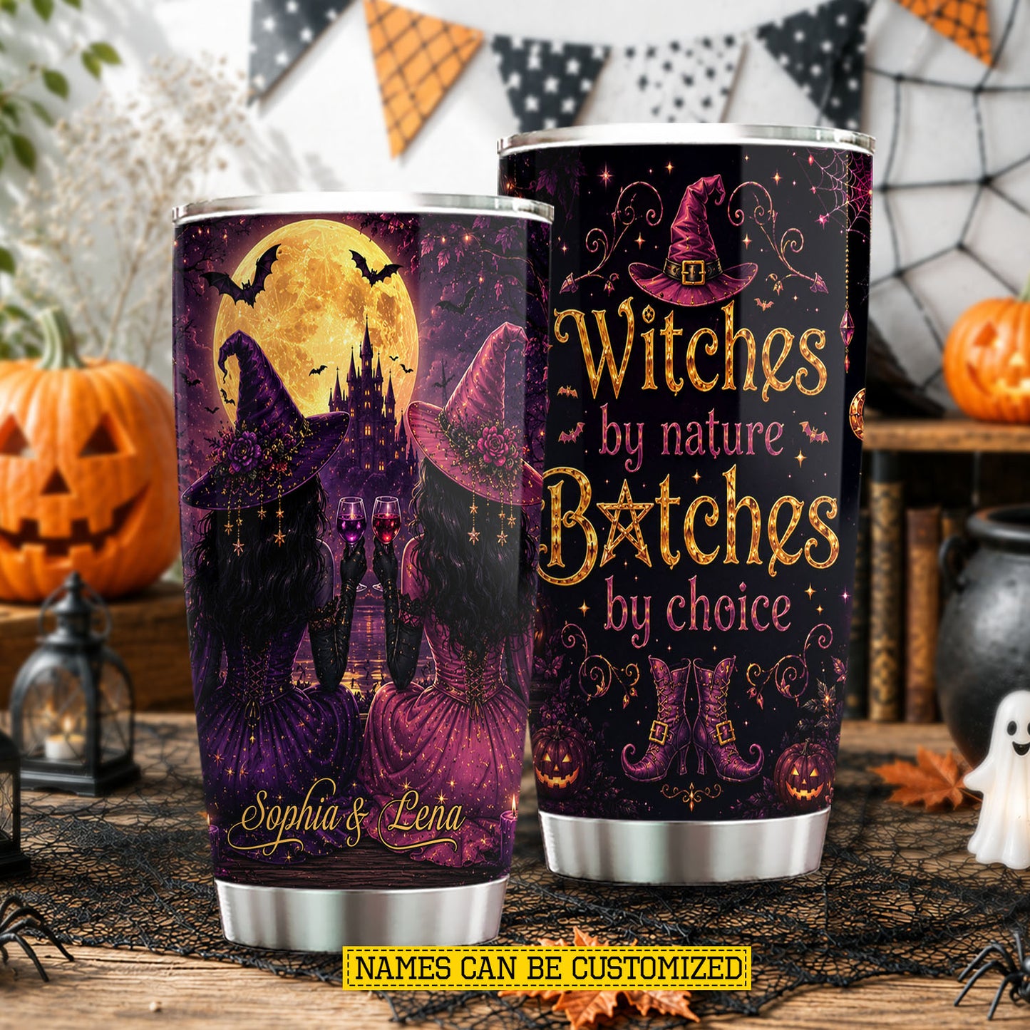 Personalized Halloween Couple Witch Tumbler, Witches By Nature, Spooky Season Stainless Steel Tumbler, Travel Mug Tumblers Gift For Your Best Friend