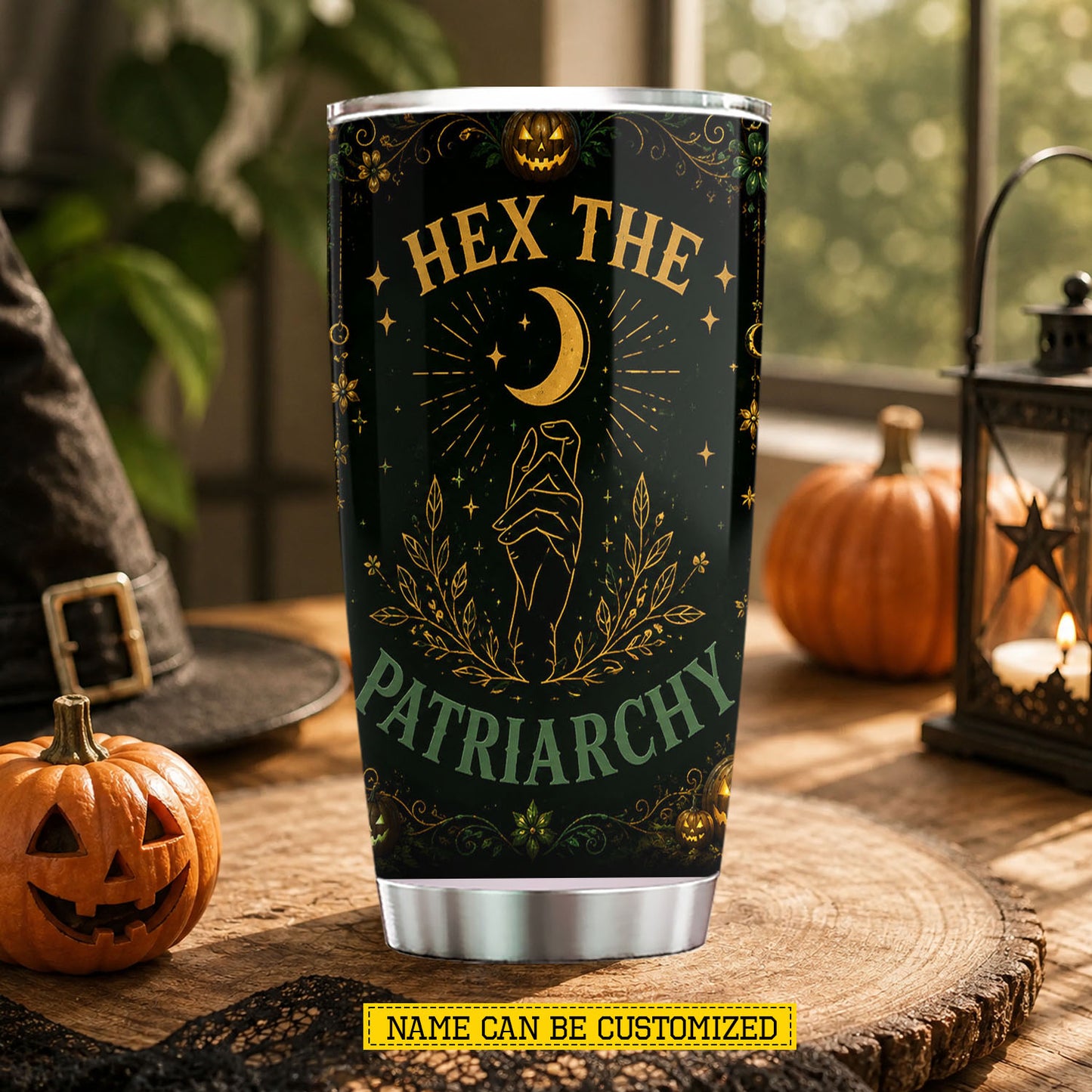 Personalized Halloween Witch Tumbler, Hex The Patriarchy, Spooky Season Stainless Steel Tumbler, Travel Mug Tumblers Gift For Witch Lover