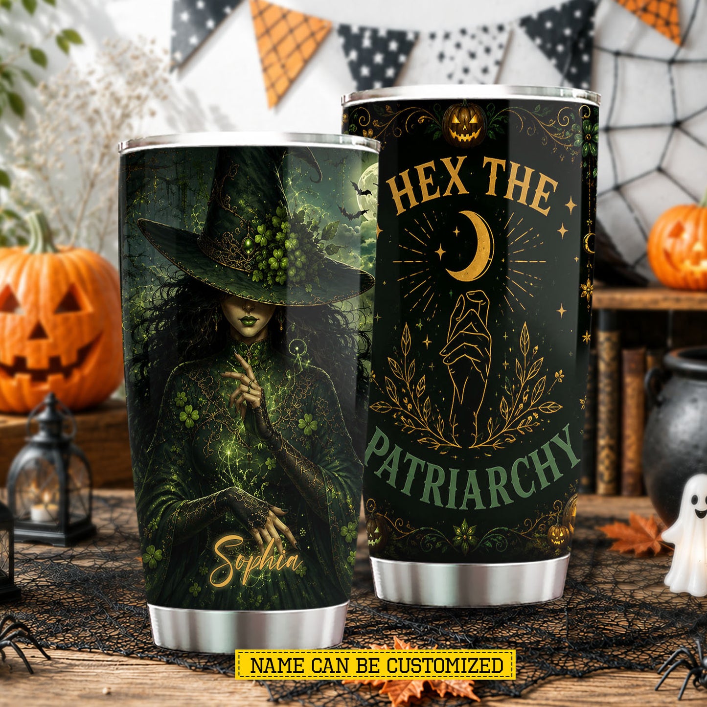 Personalized Halloween Witch Tumbler, Hex The Patriarchy, Spooky Season Stainless Steel Tumbler, Travel Mug Tumblers Gift For Witch Lover