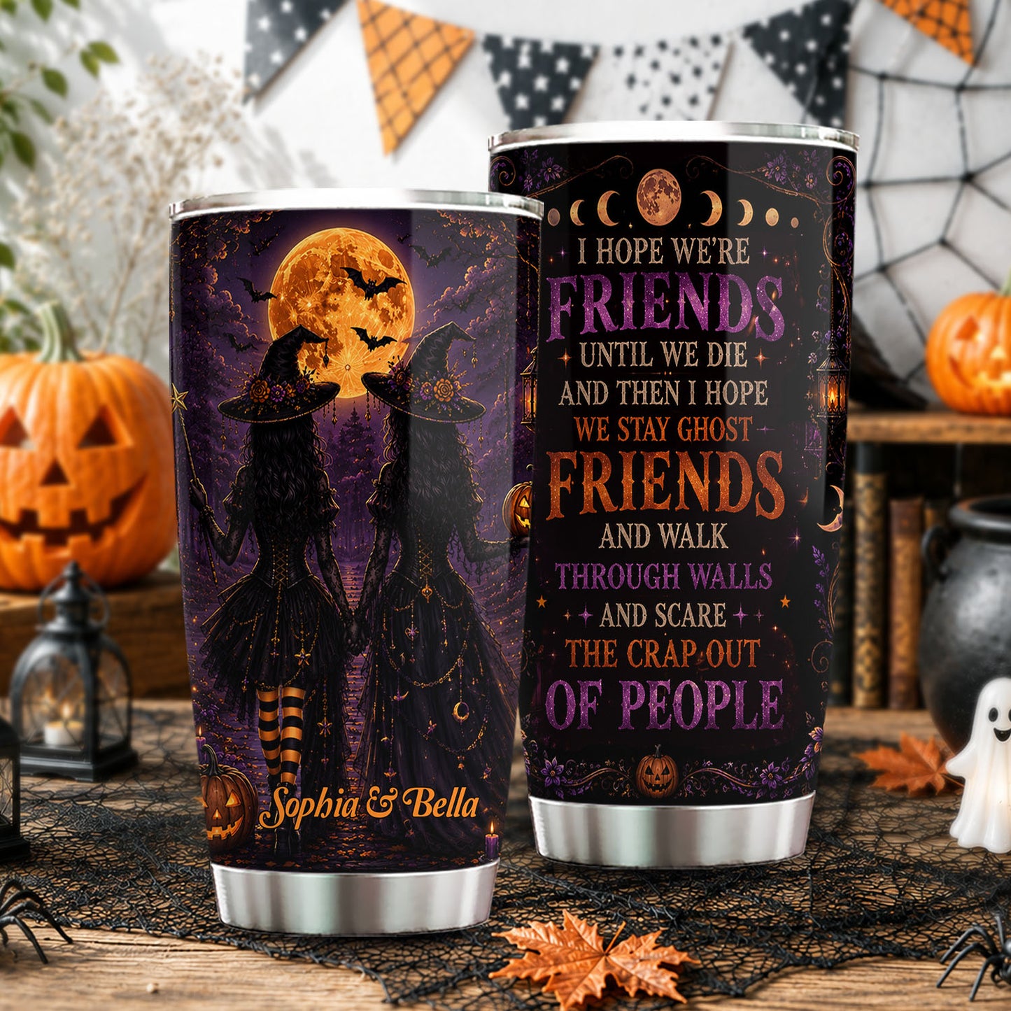Personalized Halloween Bestie Witch Tumbler, Friends Until We Die, Spooky Season Stainless Steel Tumbler, Travel Mug Tumblers Gift For Your Best Friend