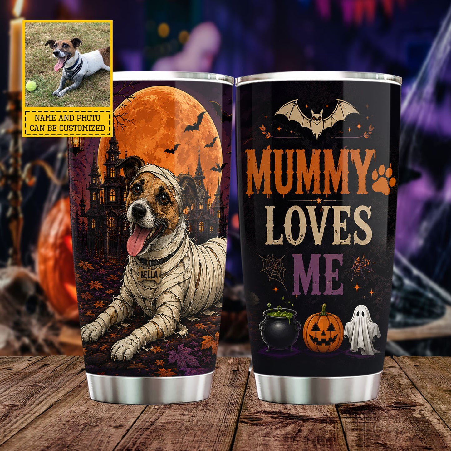 Personalized Halloween Dog Tumbler, Mummy Loves Me, Spooky Season Stainless Steel Tumbler, Travel Mug Tumblers Gift For Dog Lover