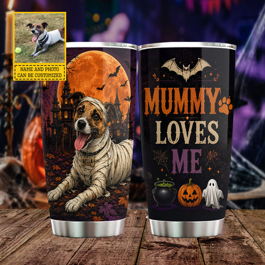 Personalized Halloween Dog Tumbler, Mummy Loves Me, Spooky Season Stainless Steel Tumbler, Travel Mug Tumblers Gift For Dog Lover