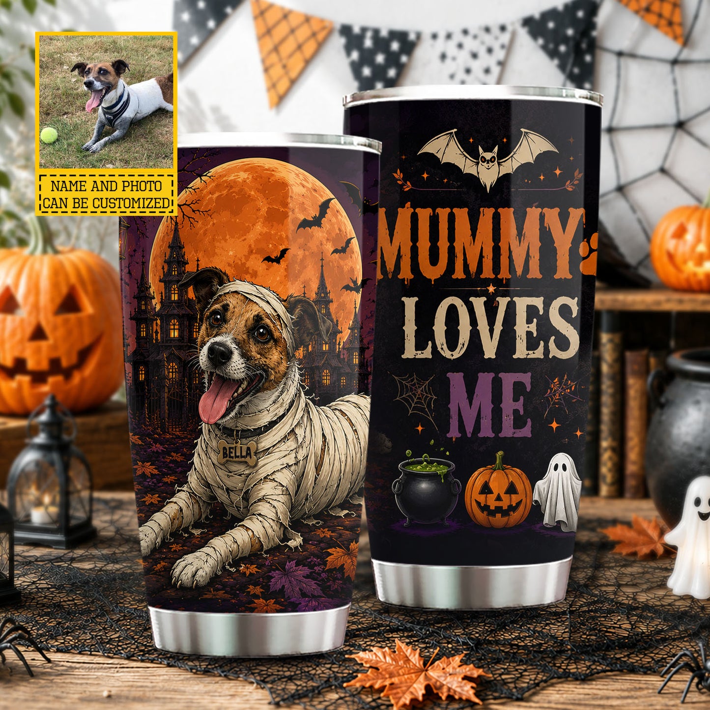 Personalized Halloween Dog Tumbler, Mummy Loves Me, Spooky Season Stainless Steel Tumbler, Travel Mug Tumblers Gift For Dog Lover