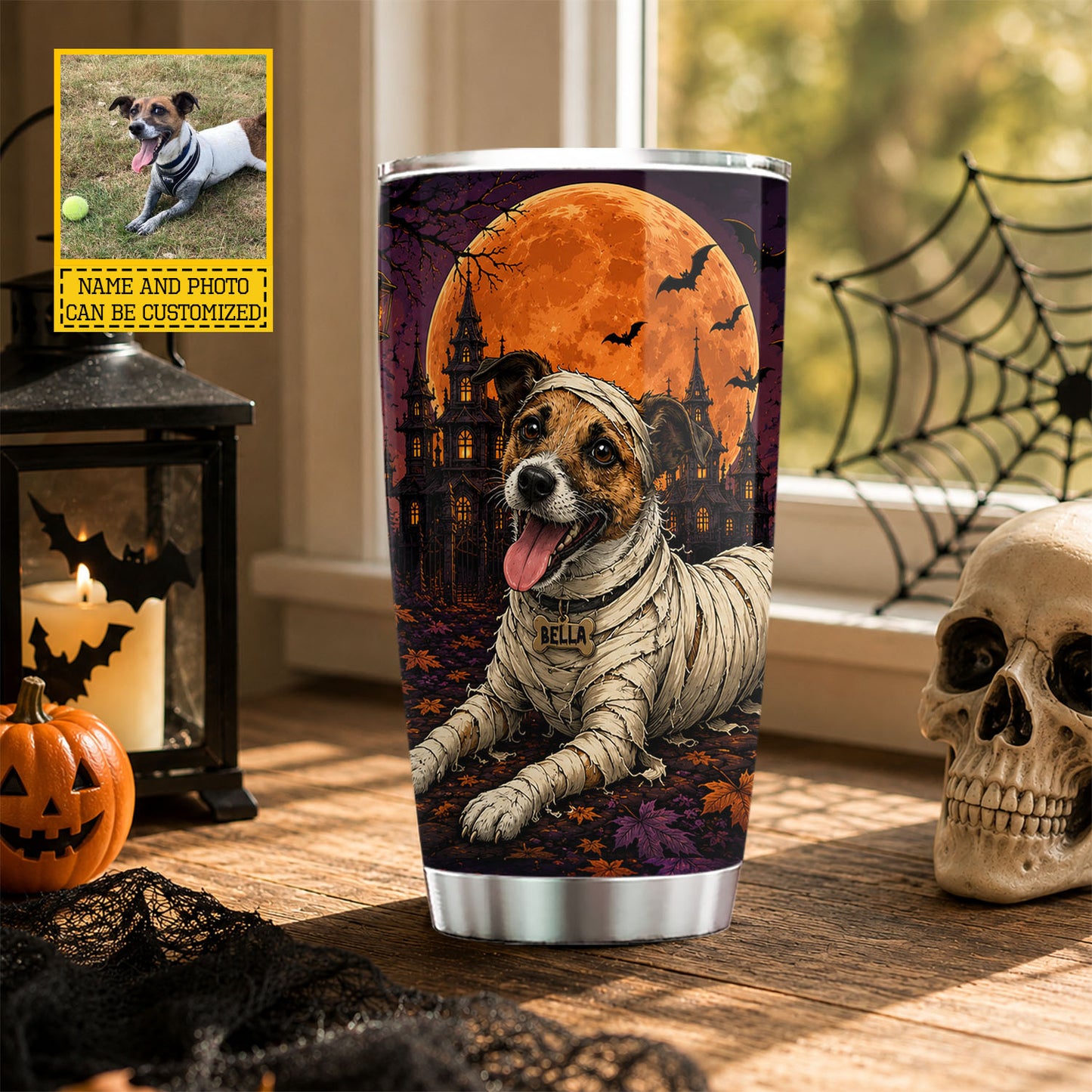 Personalized Halloween Dog Tumbler, Mummy Loves Me, Spooky Season Stainless Steel Tumbler, Travel Mug Tumblers Gift For Dog Lover