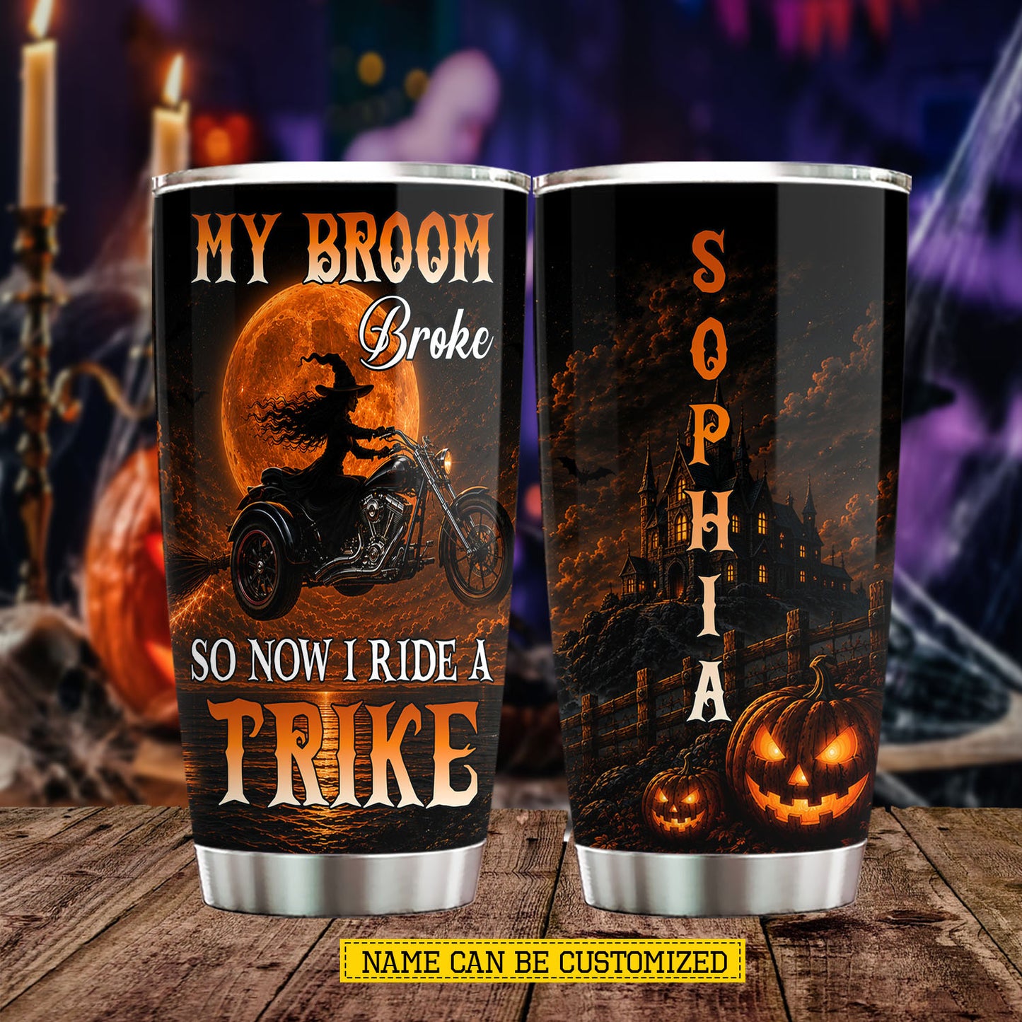 Personalized Halloween Trike Witch Tumbler, My Broom Broke So Now I Ride A Trike, Spooky Season Stainless Steel Tumbler, Travel Mug Tumblers Gift For Bikers