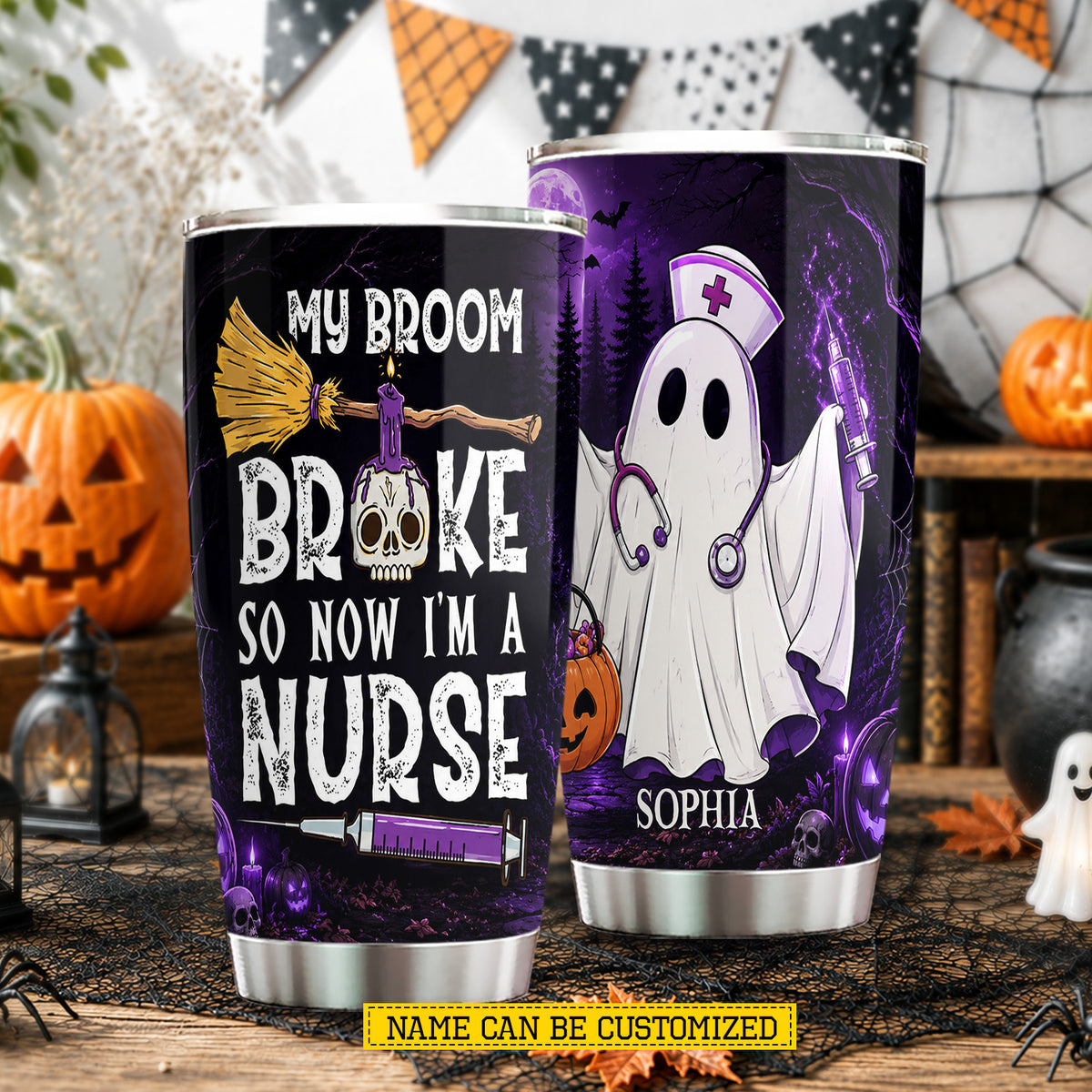 Personalized Halloween Ghost Nurse Tumbler, My Broom Broke So Now I'm A Nurse, Spooky Season Stainless Steel Tumbler, Travel Mug Tumblers Gift For Nurse Lover