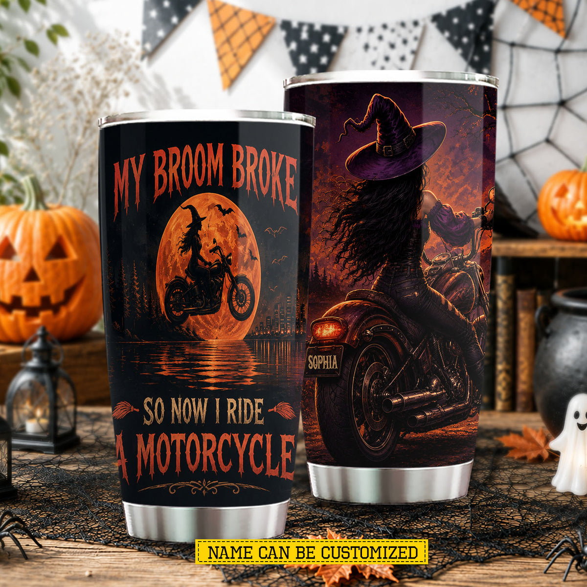 Personalized Halloween Motorcycle Witch Tumbler, My Broom Broke So Now I Ride A Motorcycle, Spooky Season Stainless Steel Tumbler, Travel Mug Tumblers Gift For Bikers