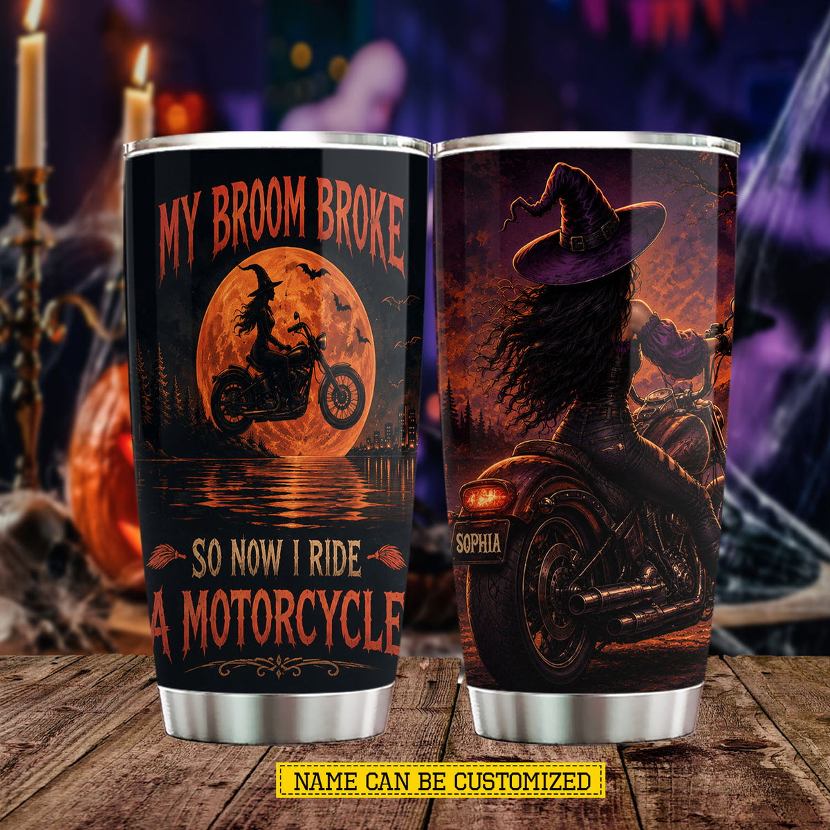 Personalized Halloween Motorcycle Witch Tumbler, My Broom Broke So Now I Ride A Motorcycle, Spooky Season Stainless Steel Tumbler, Travel Mug Tumblers Gift For Bikers