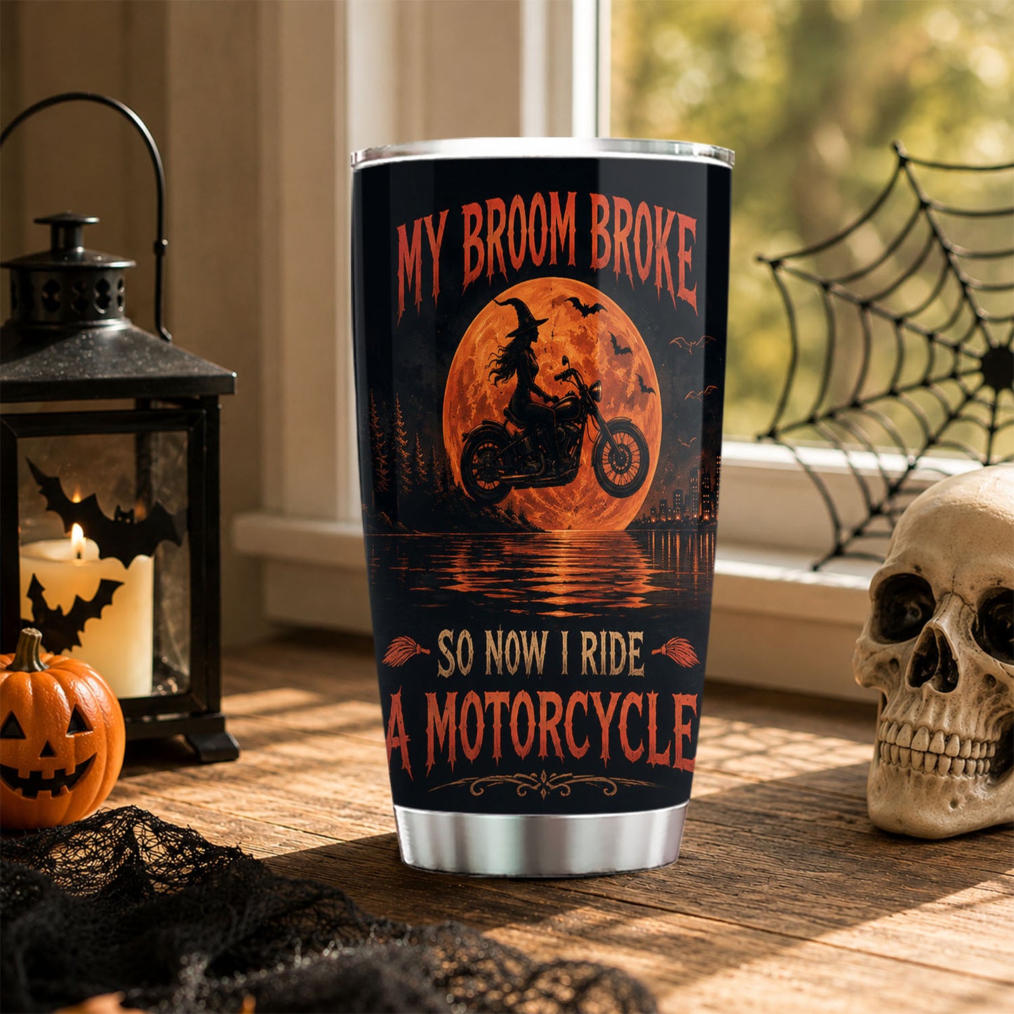 Personalized Halloween Motorcycle Witch Tumbler, My Broom Broke So Now I Ride A Motorcycle, Spooky Season Stainless Steel Tumbler, Travel Mug Tumblers Gift For Bikers