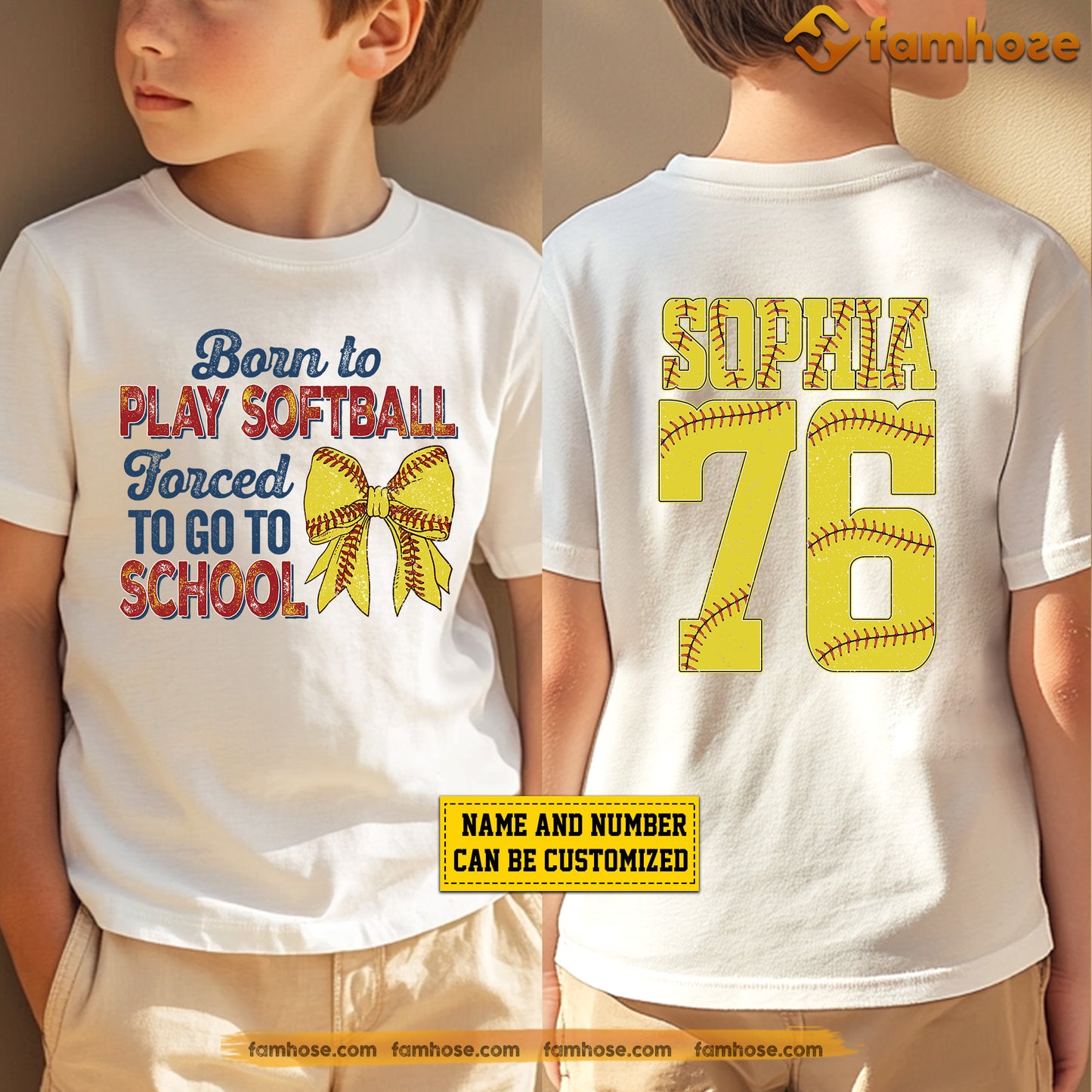Personalized School Softball Kid Two-sided T-shirt, Born To Play Softball Sport Tees Gift For Softball Lovers
