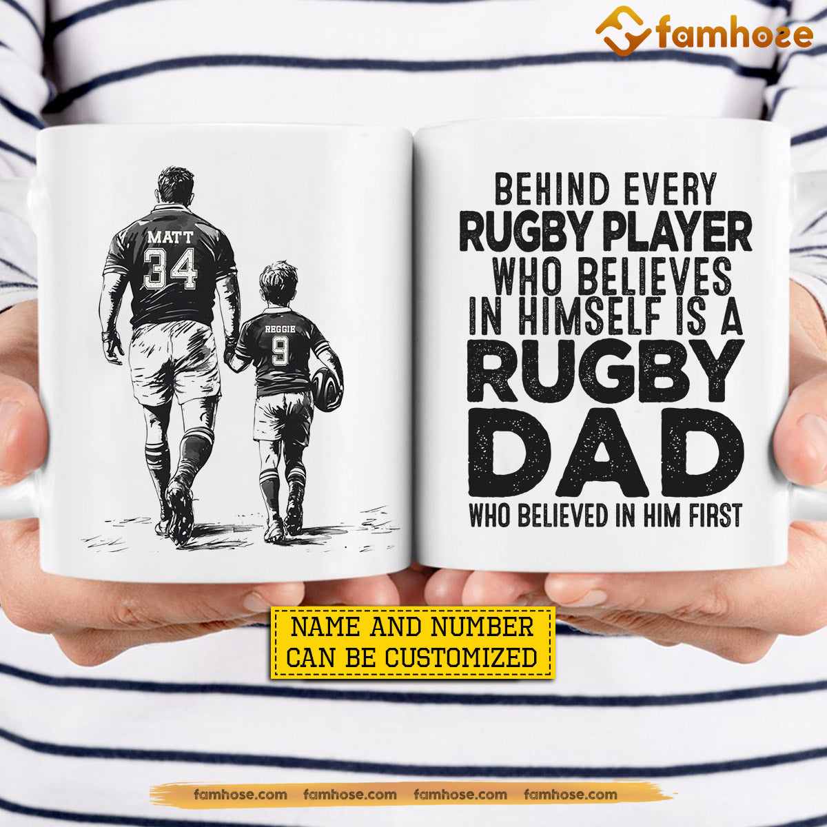 Personalized Rugby Dad Son Mug, Behind Every Rugby Player Gift Mug, Father's Day Cups For Rugby Lovers