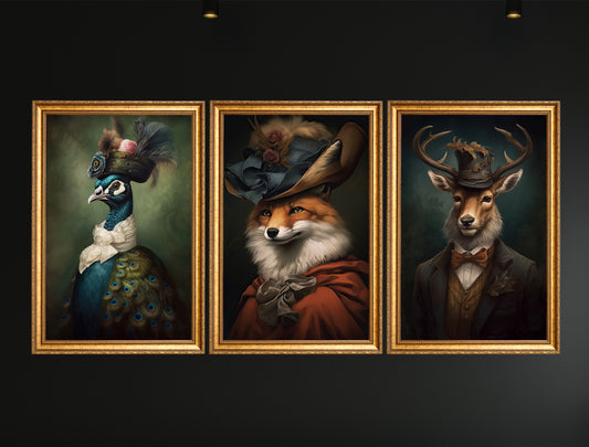 Set Of 3 Victorian Animals Peacock Fox Deer Vintage, Victorian Canvas Painting, Gothic Wall Art Decor - Animals Poster Gift