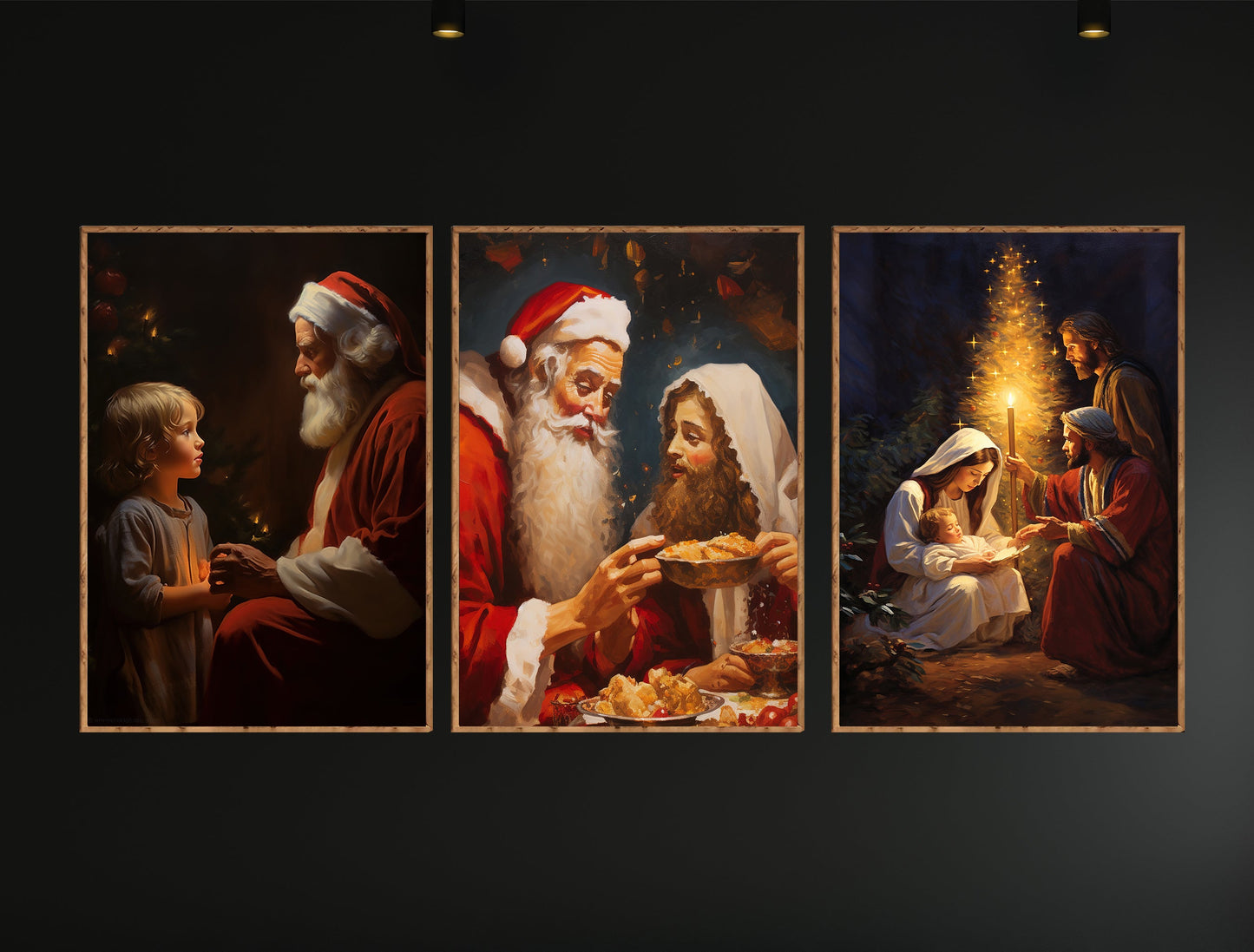 Set Of 3 Santa Claus & Holy Night Christmas, Xmas Canvas Painting, Wall Art Decor - Christmas Poster Gift