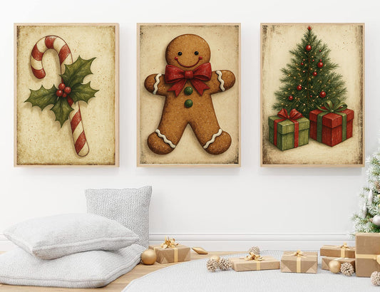 Set Of 3 Christmas Canvas Painting, Rustic Holiday Warmth Wall Art Decor, Xmas Poster Gift To Decor House Or Office