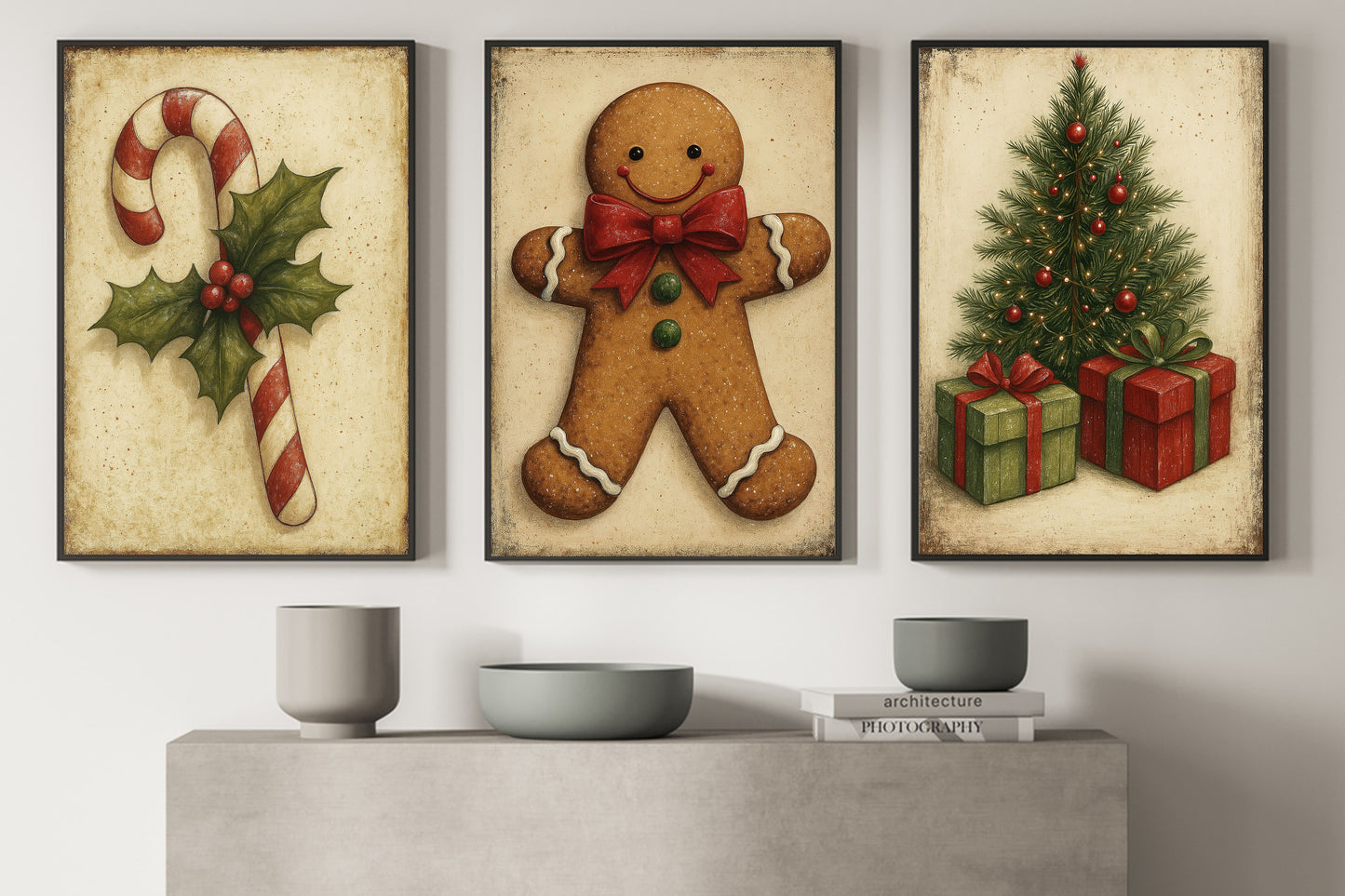 Set Of 3 Christmas Canvas Painting, Rustic Holiday Warmth Wall Art Decor, Xmas Poster Gift To Decor House Or Office