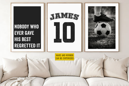 Personalized Set Of 3 Soccer Canvas Painting, Nobody Who Ever Gave His Best Regretted It Sport Wall Art Decor, Poster Gift For Soccer Lovers