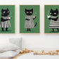 Set Of 3 Black Cat Coffee Canvas Painting, Coffee Time Wall Art Decor, Poster Gift For Cat Lovers
