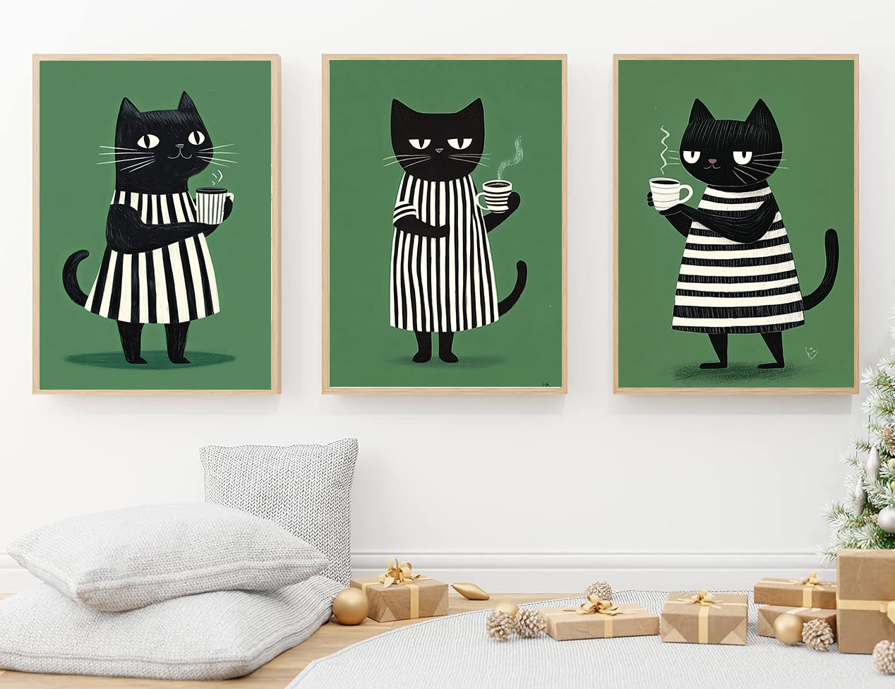 Set Of 3 Black Cat Coffee Canvas Painting, Coffee Time Wall Art Decor, Poster Gift For Cat Lovers