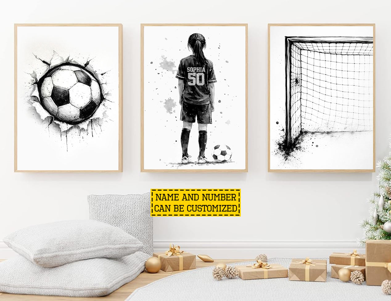 Personalized Set Of 3 Soccer Girl Canvas Painting, Dream Big Play Hard Sport Wall Art Decor, Poster Gift For Soccer Lovers