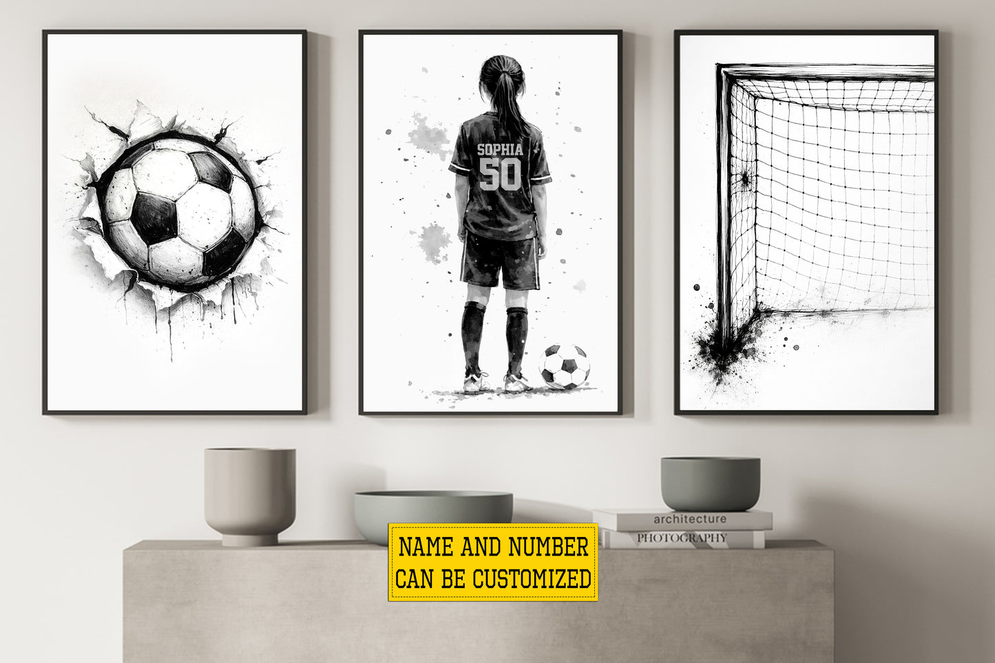 Personalized Set Of 3 Soccer Girl Canvas Painting, Dream Big Play Hard Sport Wall Art Decor, Poster Gift For Soccer Lovers