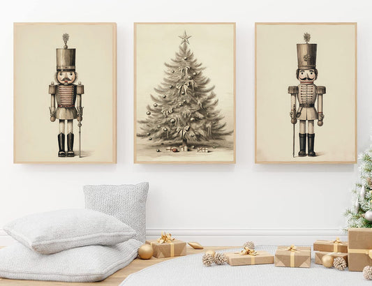 Set Of 3 Nutcrackers & Christmas Tree, Christmas Canvas Painting, Xmas Wall Art Decor - Christmas Poster Gift