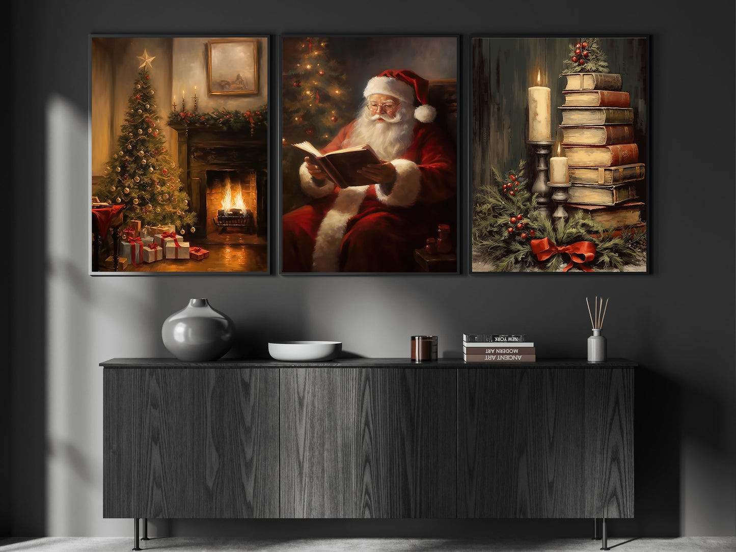 Set Of 3 Santa Claus & Christmas Tree, Santa Xmas Canvas Painting, Wall Art Decor - Christmas Poster Gift