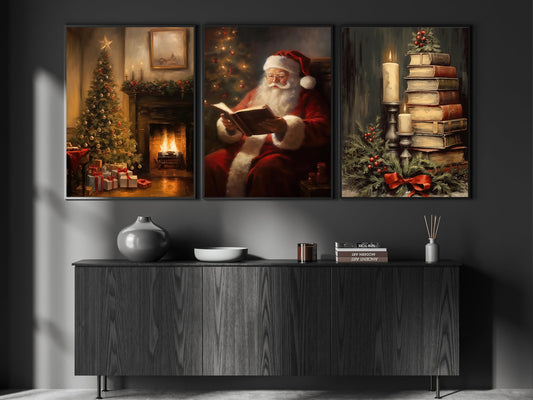 Set Of 3 Santa Claus & Christmas Tree, Santa Xmas Canvas Painting, Wall Art Decor - Christmas Poster Gift