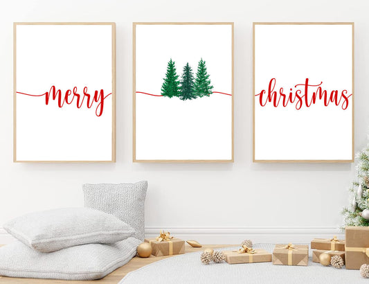 Gallery Set Of 3 Merry Christmas, Christmas Canvas Painting, Xmas Wall Art Decor - Christmas Tree Poster Gift