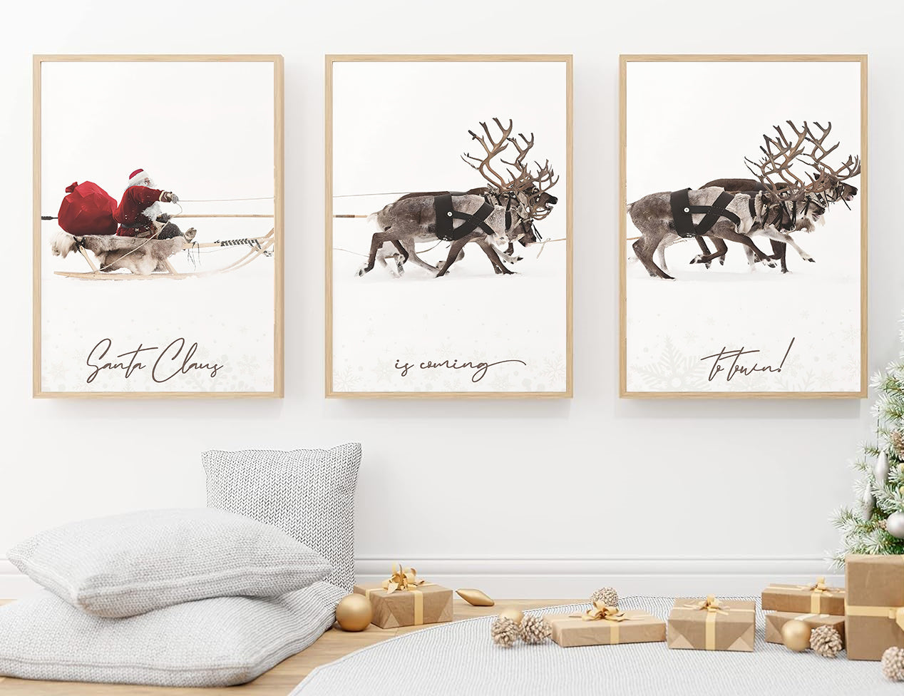 Gallery Set Of 3 Christmas Santa Claus With A Sleigh, Santa Christmas Canvas Painting, Xmas Wall Art Decor - Christmas Poster Gift