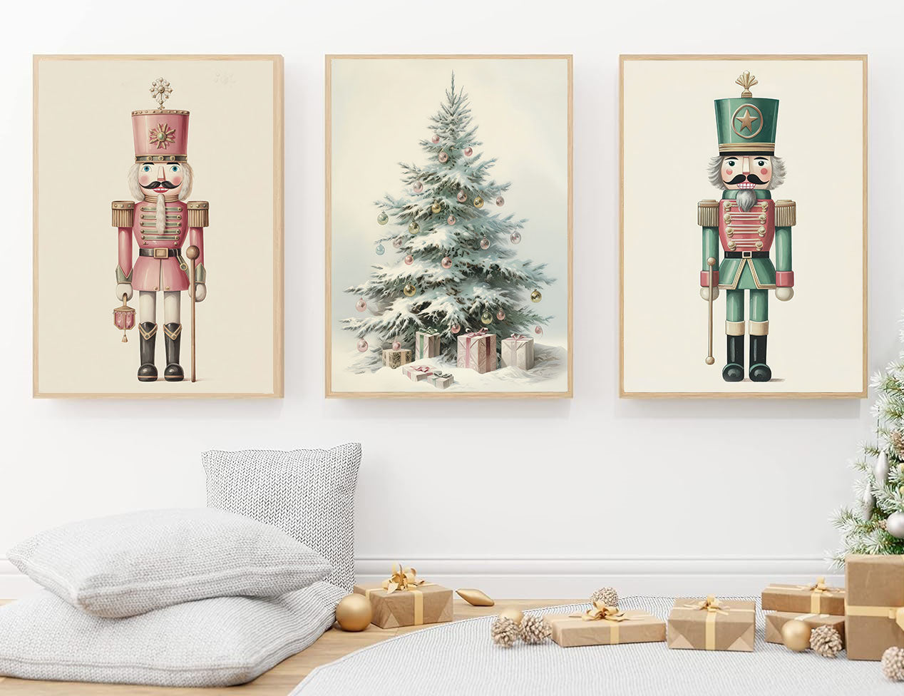 Set Of 3 Nutcrackers & Christmas Tree, Nutcrackers Canvas Painting, Xmas Wall Art Decor - Christmas Poster Gift