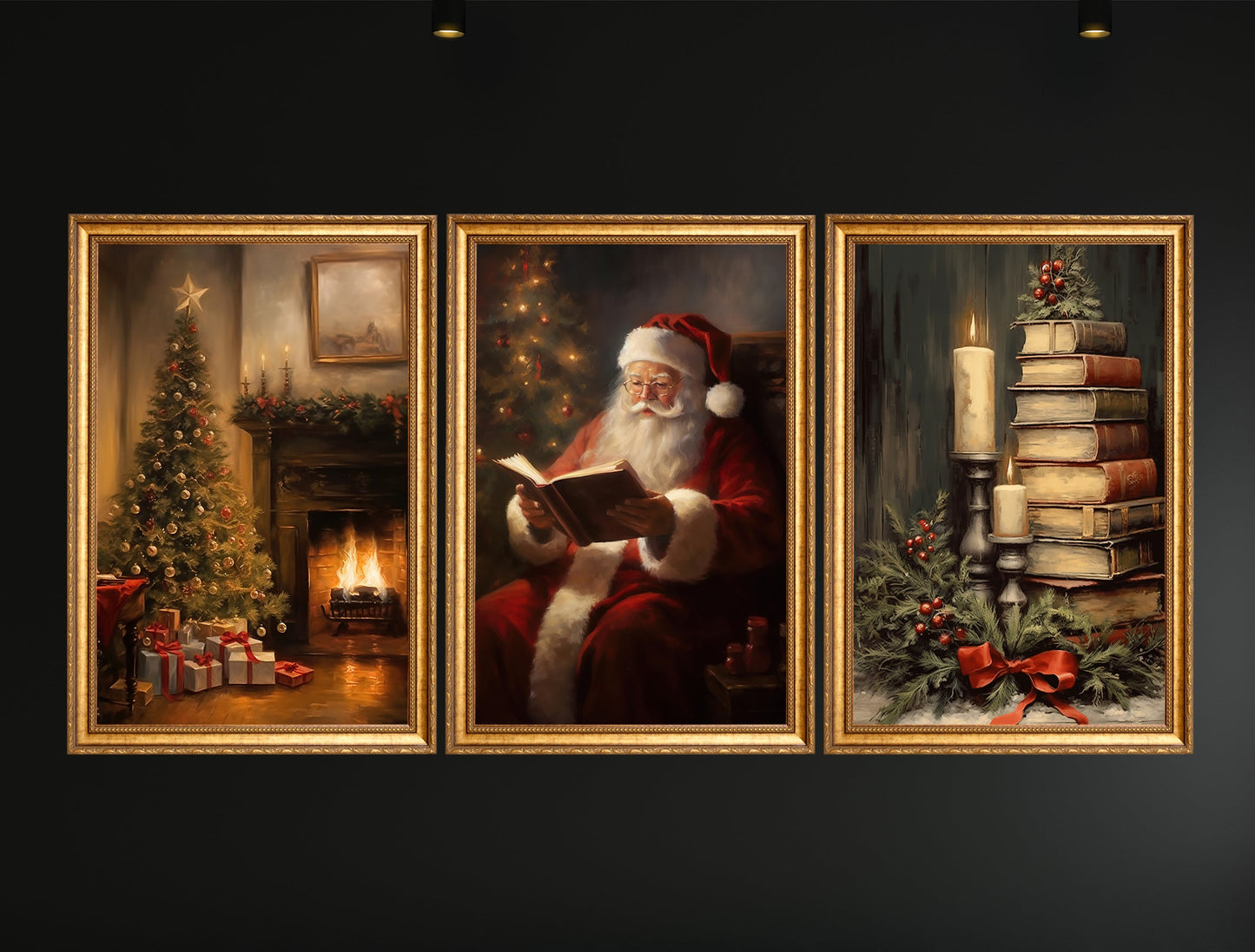 Set Of 3 Santa Claus & Christmas Tree, Santa Xmas Canvas Painting, Wall Art Decor - Christmas Poster Gift