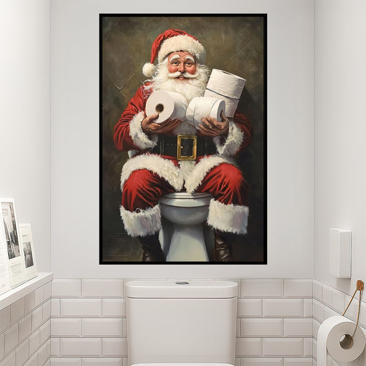 Funny Christmas Canvas Painting, Santa Claus In His Toilet Wall Art Decor, Xmas Poster Gift