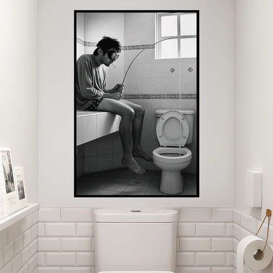 Vintage Toilet Canvas Painting, Man Fishing In Toilet Funny Wall Art Decor, Bathroom Poster Gift