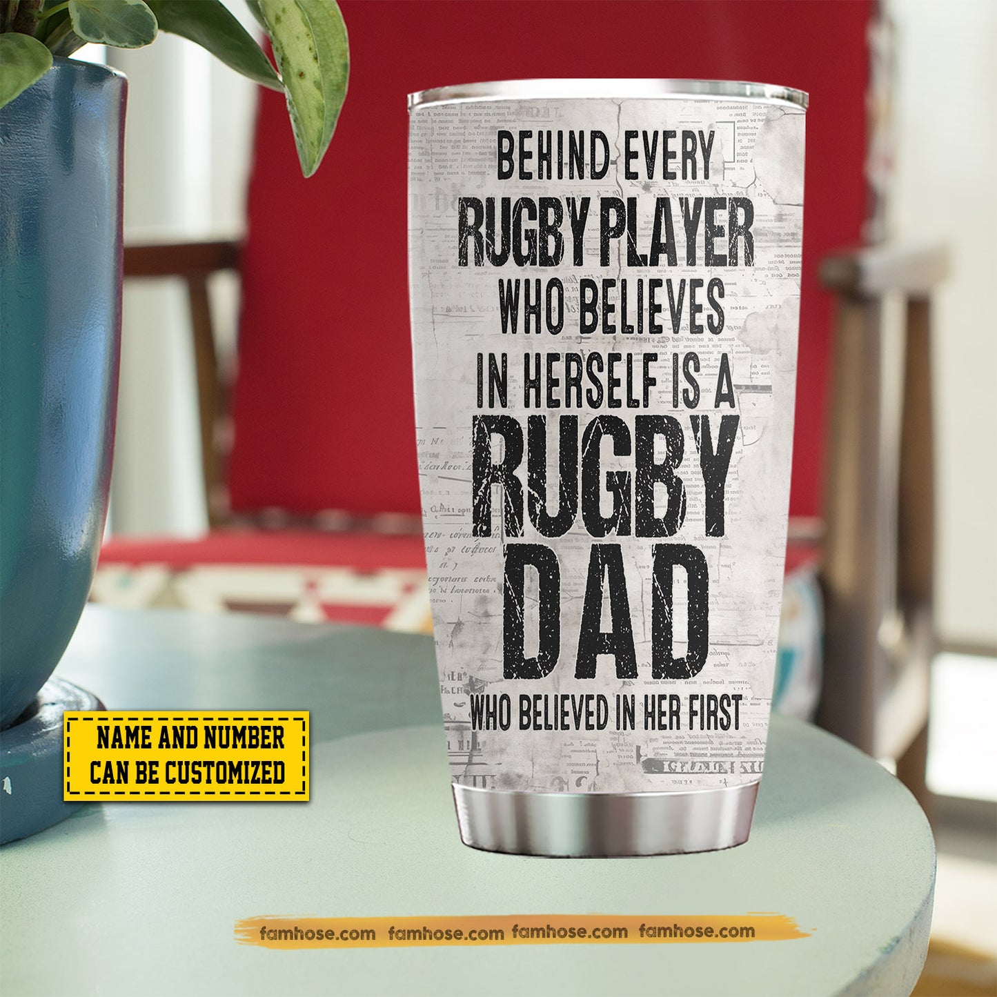 Personalized Rugby Dad Daughter Tumbler, Behind Every Rugby Player Sports Stainless Steel Tumbler, Travel Mug Tumblers Gift For Rugby Lovers