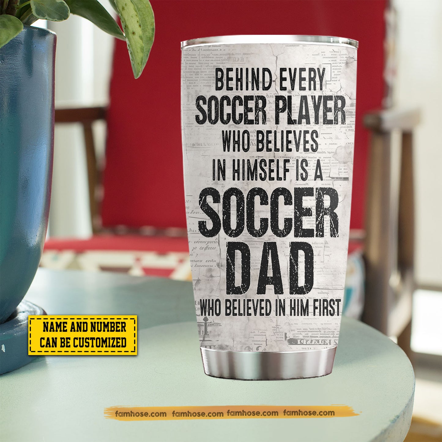 Personalized Soccer Dad Son Tumbler, Behind Every Soccer Player Sports Stainless Steel Tumbler, Travel Mug Tumblers Father's Day Gift For Soccer Lovers