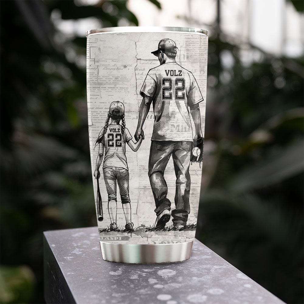 Personalized Softball Stainless Steel Tumbler, Softball Dad Who Believed In Her First Sports Travel Mug Tumblers Gift For Dad From Daughter