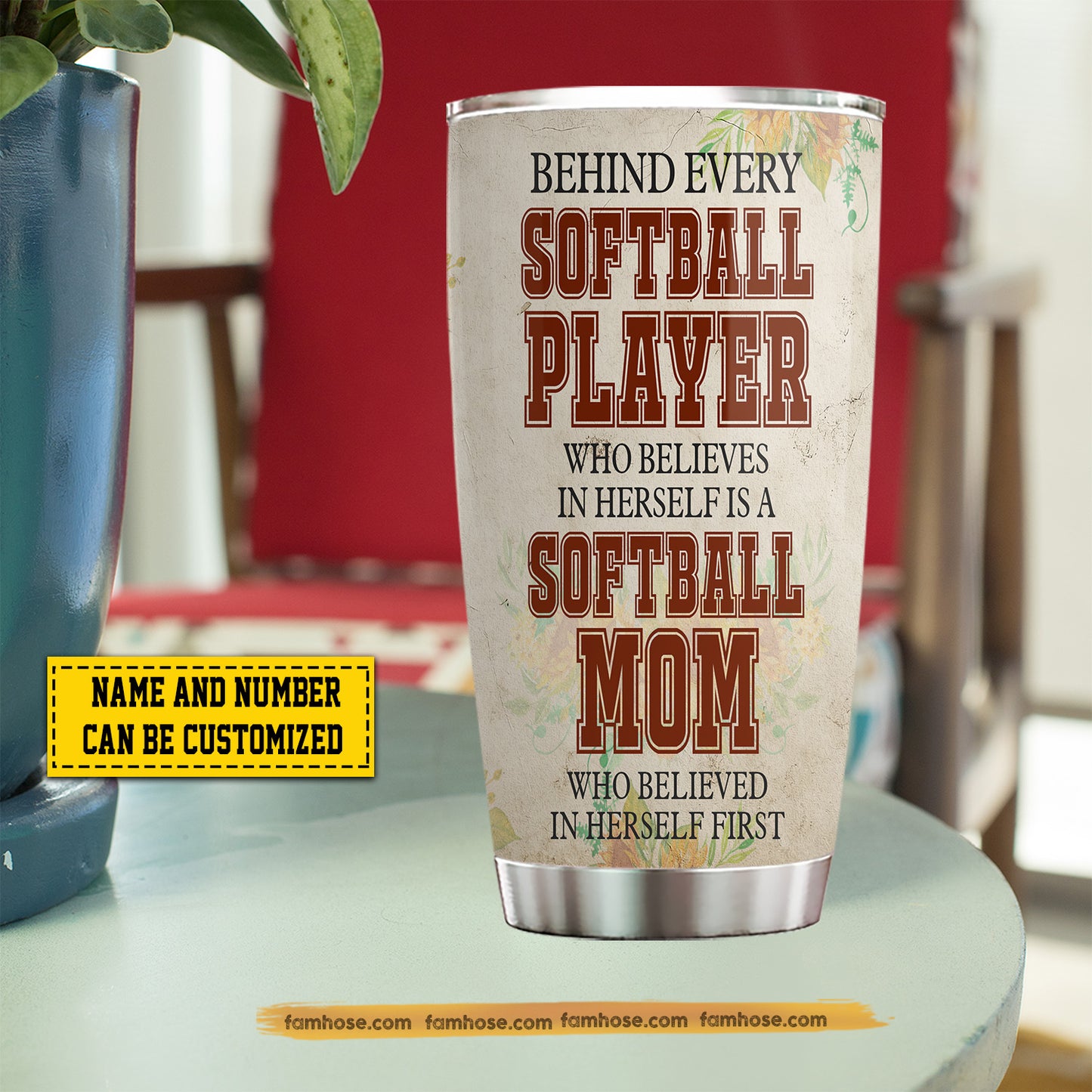 Personalized Softball Mom & Daughter Stainless Steel Tumbler, Behind Every Softball Player Sport Travel Mug Tumblers Mother's Day Gift For Mom From Softball Girl